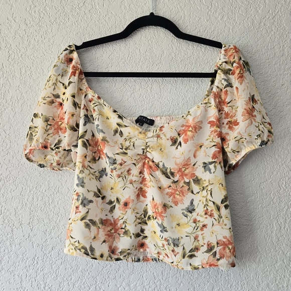 1. State L Floral Smocked Crop Top with Sheer Puff Sleeves - Picture 1 of 7